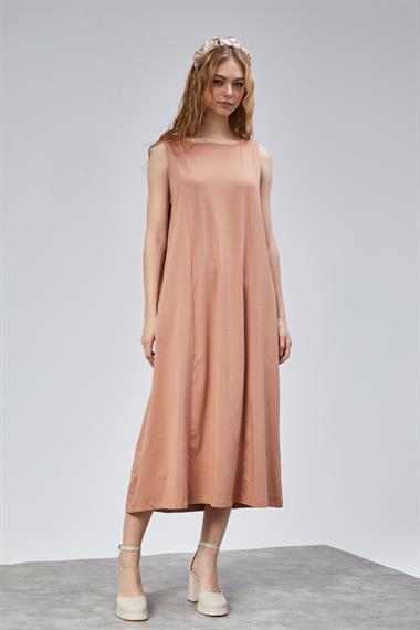 Kadın Halter Yaka Sıfır Kol Düz Oversize Midi Boy Kiremit Elbise