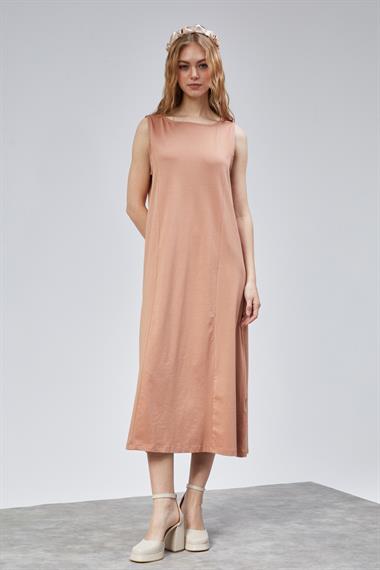 Kadın Halter Yaka Sıfır Kol Düz Oversize Midi Boy Kiremit Elbise