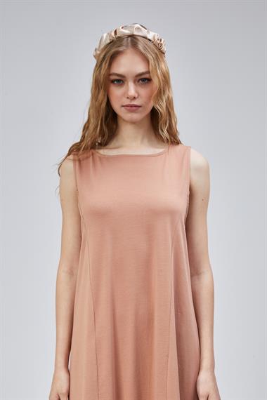 Kadın Halter Yaka Sıfır Kol Düz Oversize Midi Boy Kiremit Elbise