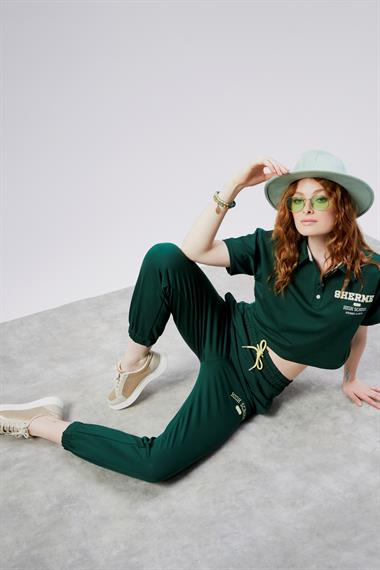 Kadın Pola Yaka Kısa Kollu Baskılı Crop Bel Lastikli Eşofman Takımı - Haki