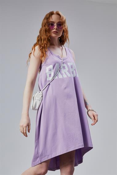 Kadın Yuvarlak Derin Yaka Baskı Detaylı Kalın Askılı Oversize Lila Elbise 