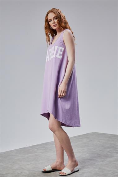 Kadın Yuvarlak Derin Yaka Baskı Detaylı Kalın Askılı Oversize Lila Elbise 