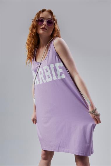 Kadın Yuvarlak Derin Yaka Baskı Detaylı Kalın Askılı Oversize Lila Elbise 