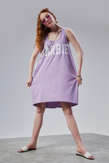 Kadın Yuvarlak Derin Yaka Baskı Detaylı Kalın Askılı Oversize Lila Elbise 