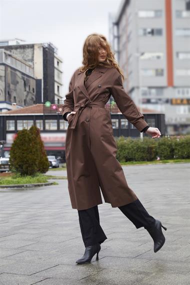 Kadın Bel Kuşaklı Trençkot -  Acı Kahve