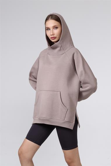 Kadın Yaka Detaylı Kapüşonlu Kanguru Cepli Uzun Kol Oversize Sweatshirt 