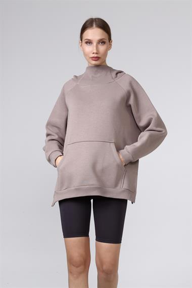 Kadın Yaka Detaylı Kapüşonlu Kanguru Cepli Uzun Kol Oversize Sweatshirt 