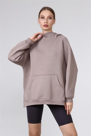 Kadın Yaka Detaylı Kapüşonlu Kanguru Cepli Uzun Kol Oversize Sweatshirt 