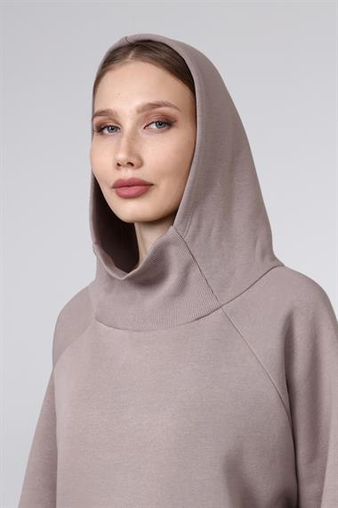 Kadın Yaka Detaylı Kapüşonlu Kanguru Cepli Uzun Kol Oversize Sweatshirt 