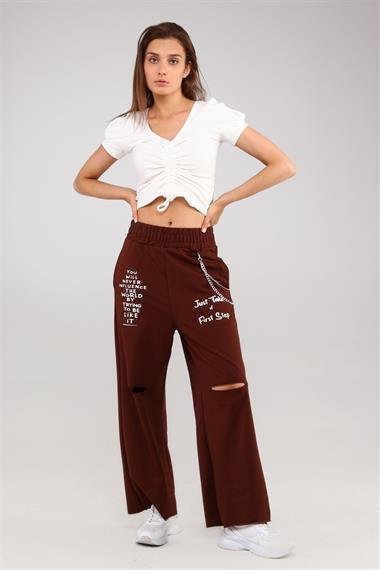 Fancy Kadın Beli Lastikli Dizi Yırtık Detaylı Zincirli Slogan Baskılı Bol Paça Pantolon