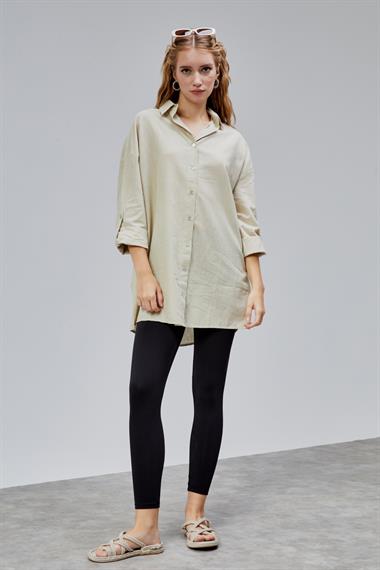 Kadın Apoletli Katlamalı Uzun Kol Oversize Bej Gömlek