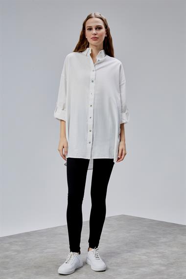 Kadın Apoletli Katlamalı Uzun Kol Oversize Ekru Gömlek