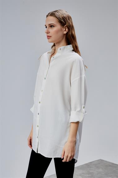 Kadın Apoletli Katlamalı Uzun Kol Oversize Ekru Gömlek