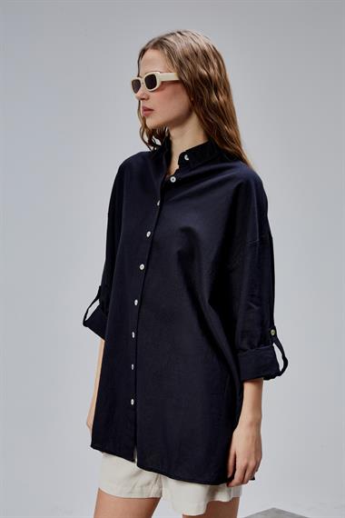 Kadın Apoletli Katlamalı Uzun Kol Oversize Siyah Gömlek