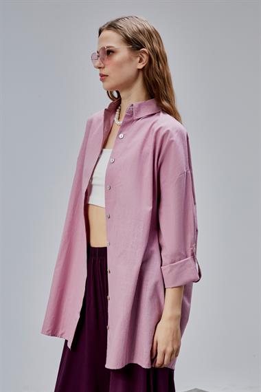 Kadın Apoletli Katlamalı Uzun Kol Oversize Gül Kurusu Gömlek