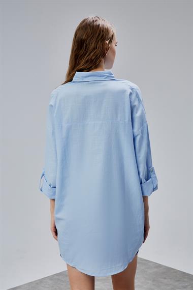 Kadın Apoletli Katlamalı Uzun Kol Oversize Mavi Gömlek