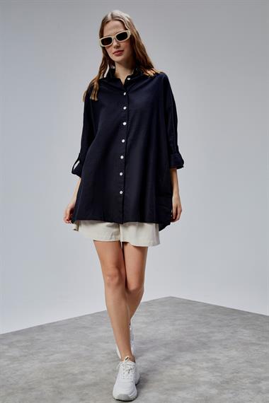 Kadın Apoletli Katlamalı Uzun Kol Oversize Siyah Gömlek