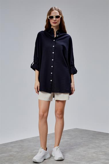Kadın Apoletli Katlamalı Uzun Kol Oversize Siyah Gömlek
