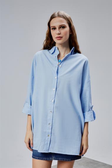 Kadın Apoletli Katlamalı Uzun Kol Oversize Mavi Gömlek