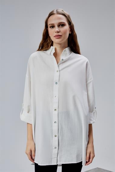 Kadın Apoletli Katlamalı Uzun Kol Oversize Ekru Gömlek