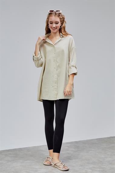Kadın Apoletli Katlamalı Uzun Kol Oversize Bej Gömlek