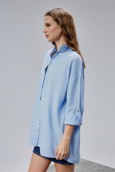 Kadın Apoletli Katlamalı Uzun Kol Oversize Mavi Gömlek