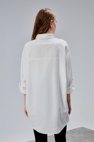 Kadın Apoletli Katlamalı Uzun Kol Oversize Ekru Gömlek