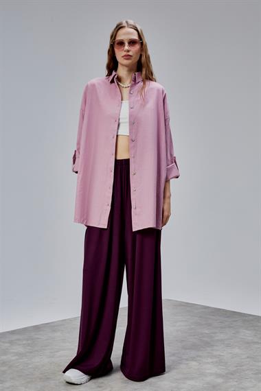 Kadın Apoletli Katlamalı Uzun Kol Oversize Gül Kurusu Gömlek