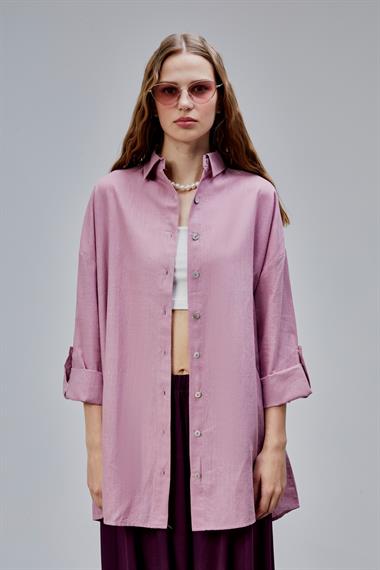 Kadın Apoletli Katlamalı Uzun Kol Oversize Gül Kurusu Gömlek