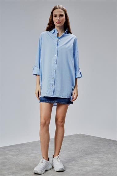Kadın Apoletli Katlamalı Uzun Kol Oversize Mavi Gömlek