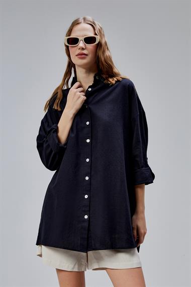 Kadın Apoletli Katlamalı Uzun Kol Oversize Siyah Gömlek