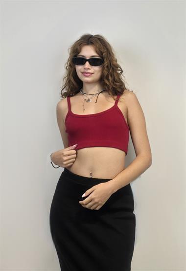 Kadın Askılı Bordo Crop Bluz