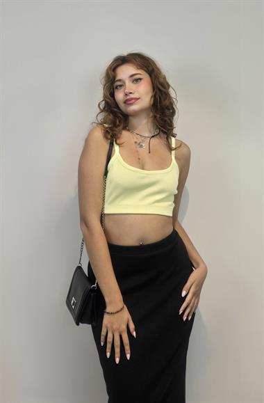 Kadın Askılı Sarı Crop Bluz