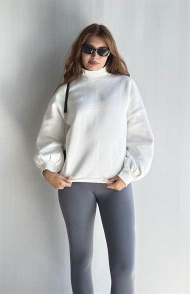 Kadın Balıkçı Yaka Uzun Kollu Basic Sweatshirt - Ekru 