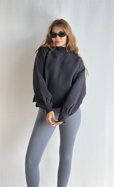 Kadın Balıkçı Yaka Uzun Kollu Basic Sweatshirt - Siyah