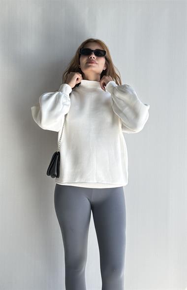 Kadın Balıkçı Yaka Uzun Kollu Basic Sweatshirt - Ekru 