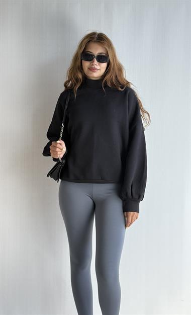 Kadın Balıkçı Yaka Uzun Kollu Basic Sweatshirt - Siyah