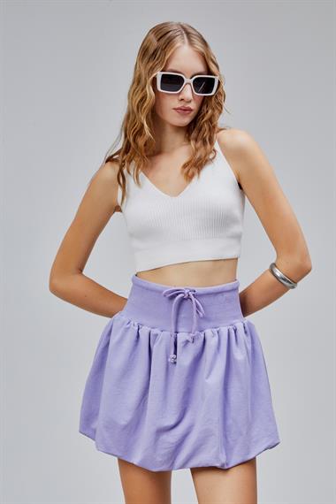 Kadın Bel Lastikli Balon Mor Mini Etek 