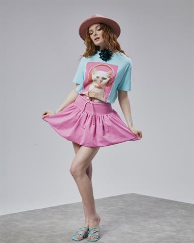 Kadın Bel Lastikli Balon Pembe Mini Etek 