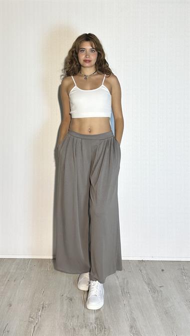 Kadın Bel Lastikli Double Face Kumaş Pileli Geniş Paça Gri Pantolon