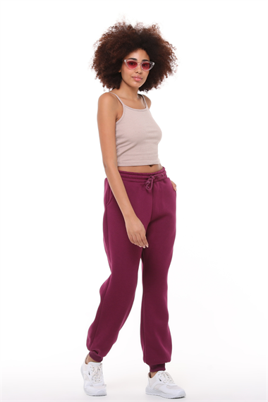 Kadın Bel Lastikli Polarlı Lastik Paça Mürdüm Eşofman Altı