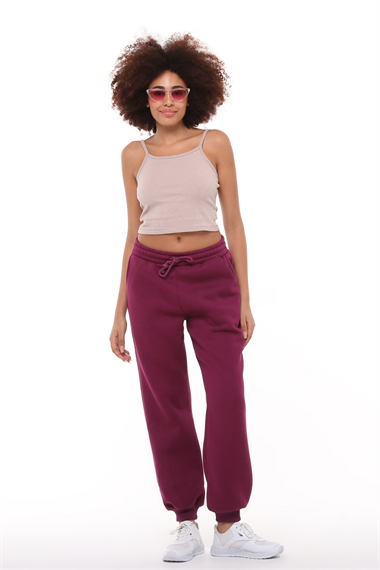 Kadın Bel Lastikli Polarlı Lastik Paça Mürdüm Eşofman Altı