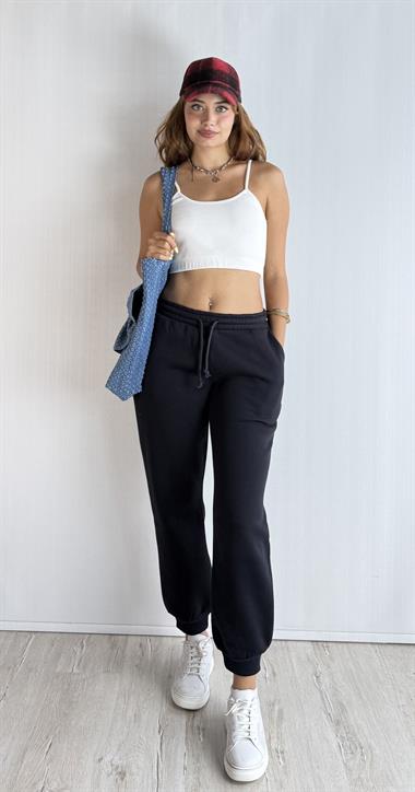 Kadın Bel Lastikli Polarlı Lastik Paça Siyah Eşofman Altı