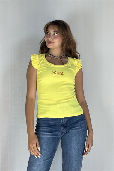 Kadın Bisiklet Yaka Barbie Baskılı Kolu Fırfırlı Bluz Sarı Tişört