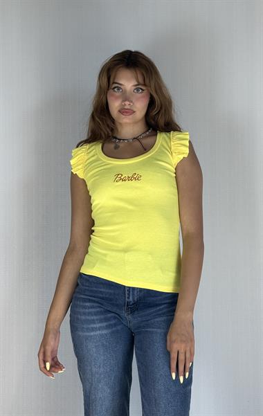 Kadın Bisiklet Yaka Barbie Baskılı Kolu Fırfırlı Bluz Sarı Tişört