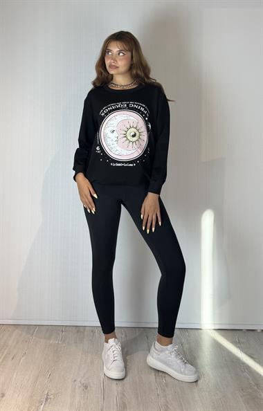 Kadın Bisiklet Yaka Baskı Detaylı Sweatshirt - Siyah 