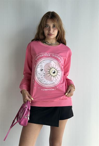 Kadın Bisiklet Yaka Baskı Detaylı Sweatshirt - Pembe
