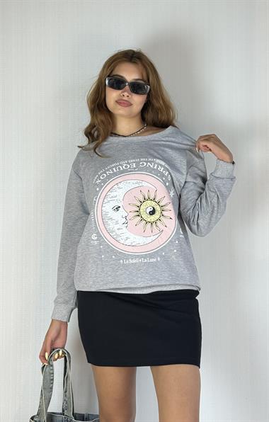 Kadın Bisiklet Yaka Baskı Detaylı Sweatshirt - Gri