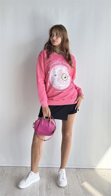 Kadın Bisiklet Yaka Baskı Detaylı Sweatshirt - Pembe