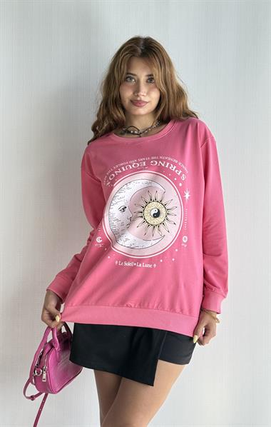 Kadın Bisiklet Yaka Baskı Detaylı Sweatshirt - Pembe